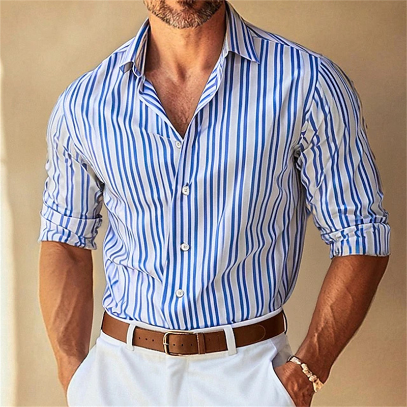 Large Men Formal Wear - قميص رجالي رسمي بياقة مخططة وأزرار
