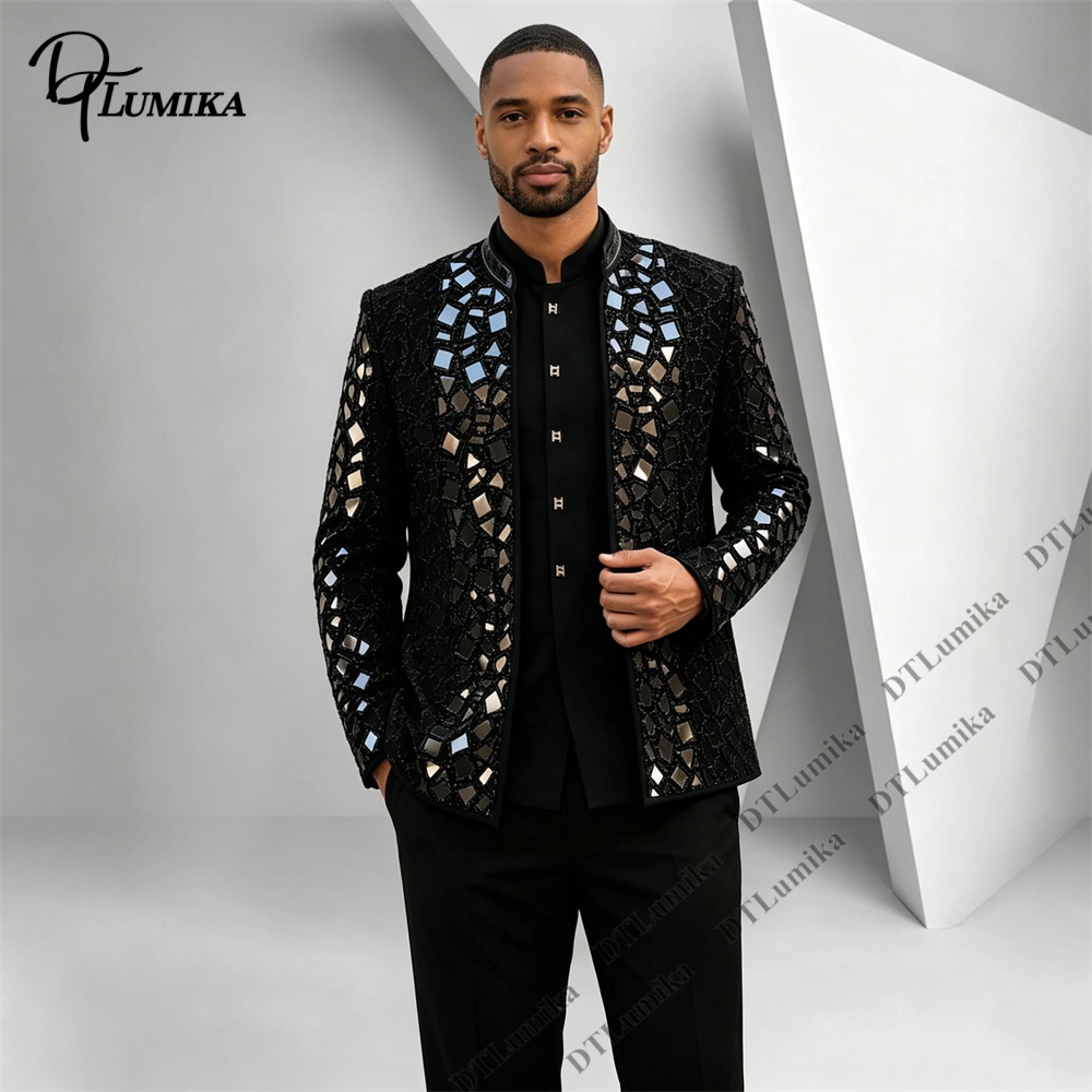 Men'S Formal Wear For Office - بدلة رجالية سوداء بياقة ماندارين مزينة